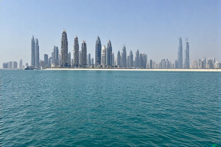 View of Abu Dhabi Corniche with turquoise waters and skyscrapers in the background
